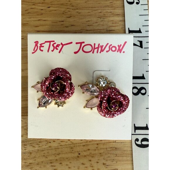 Betsey Johnson Rose Crystal Stud Earrings With Pink Glitter Accents & Gold-Tone - Picture 13 of 13